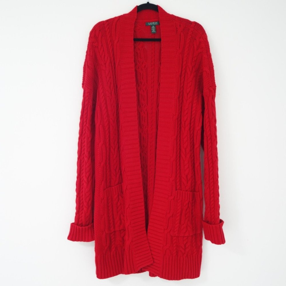 Lauren Ralph Lauren Women's Red Cable Knit Chunky Cardigan Sweater, Size XL